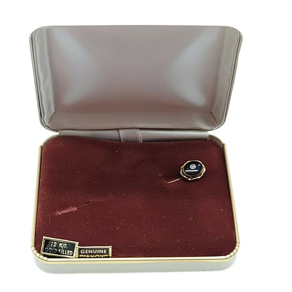 Estate Jewelry - 12kt Gold Filled Black Enamel Diamond Chip Stick Pin New Old Stock